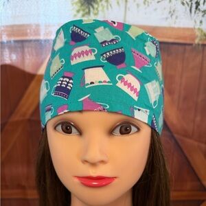 Turquoise Surgical Cap with Pink & White Teapot Print
